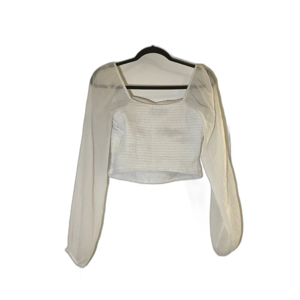 Hollister White Cream Chiffon Square Long Sleeve Crop Top Blouse Medium M Fairy - Picture 1 of 7
